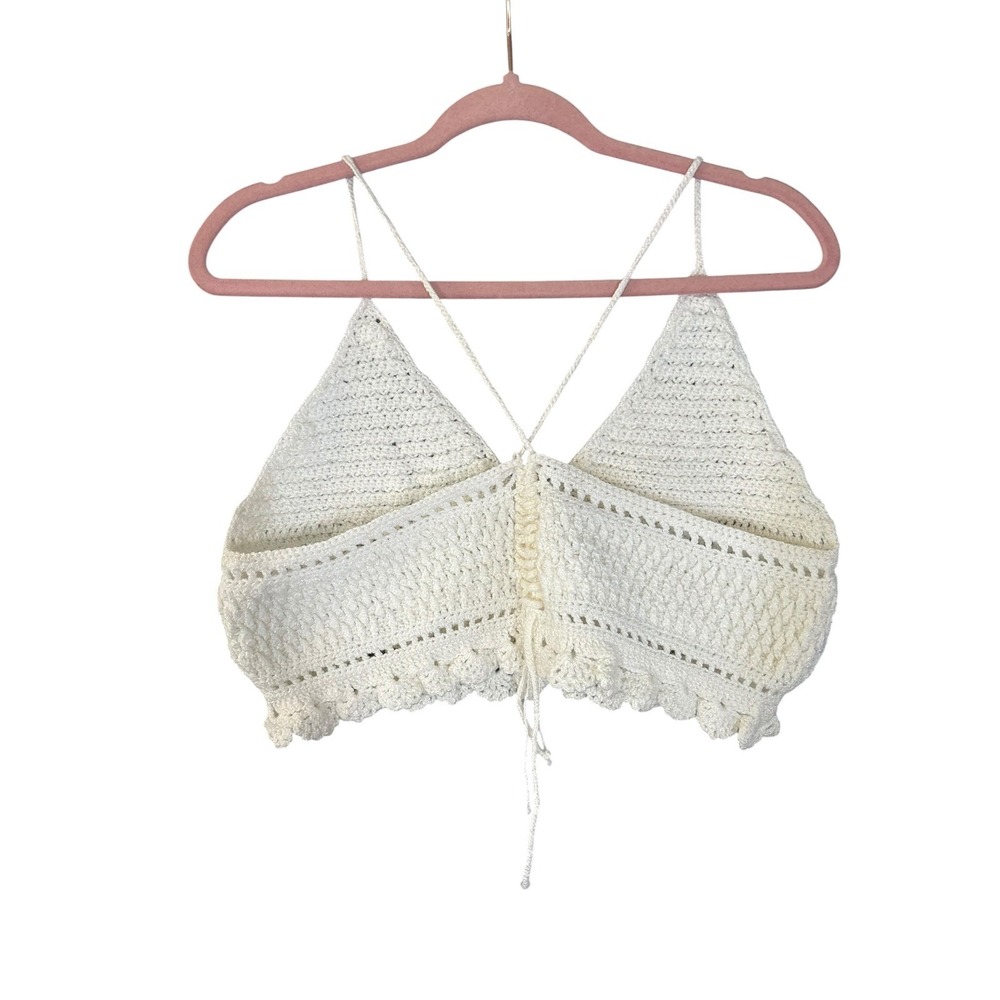 Handmade Crochet Iridescent White Crop Triangle Top L Festival Cottage Boho Knit - Picture 3 of 9